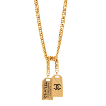 CHANEL Metal ID Dog Tag Charm Necklace Gold