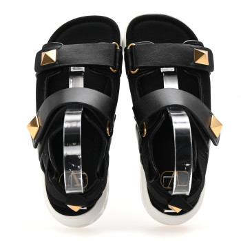 VALENTINO GARAVANI Nappa Neoprene Roman Stud Velcro Sandals 36 Black