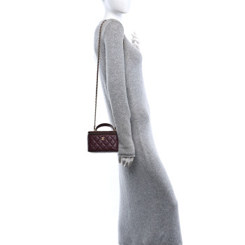 CHANEL Lambskin Quilted Metal Small Top Handle Vanity Case With Chain Burgundy