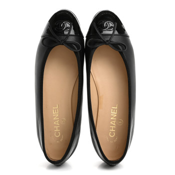 CHANEL Lambskin Patent Cap Toe Ballerina Flats 39 Black