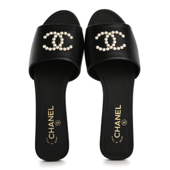 CHANEL Lambskin Pearl CC Sandals 40.5 Black