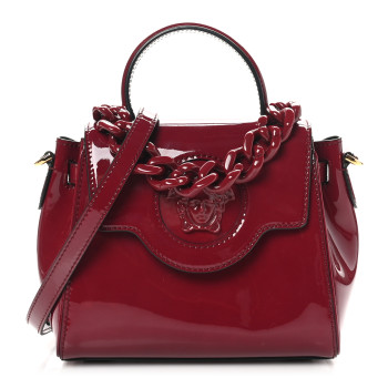 VERSACE Patent Calfskin Small La Medusa Top Handle Bag Claret