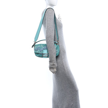 FENDI Rolling Stone Vitello Seta Bead Embroidered Re-Edition Baguette Spring Turquoise