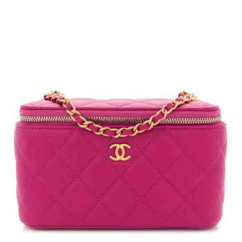 CHANEL Lambskin Quilted Small Pearl Crush Vanity Case With Chain Fuchsia