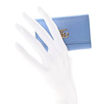 GUCCI Pebbled Calfskin GG Marmont 6 Key Holder Mineral Blue