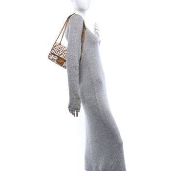 FENDI Raffia Chenille Vitello FF Midi Chain Baguette Naturale White