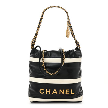 CHANEL Shiny Calfskin Striped Mini Chanel 22 Black White