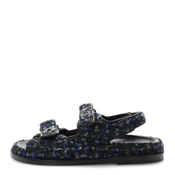 CHANEL Iridescent Tweed Velcro Dad Sandals 37.5 Navy Blue Multicolor