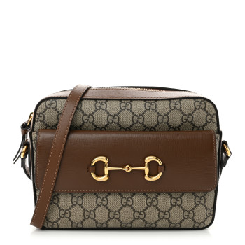 GUCCI GG Supreme Monogram Small Horsebit 1955 Shoulder Bag Beige Brown Sugar