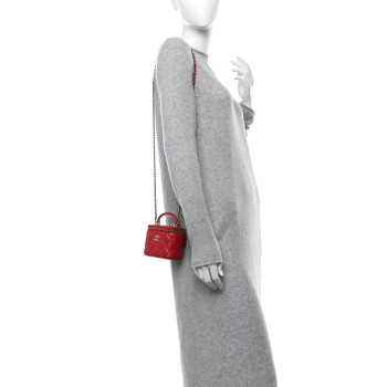 CHANEL Lambskin Quilted Top Handle Mini Vanity Case With Chain Red