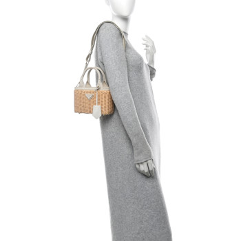 PRADA Wicker Canvas Mini Tote Tan White