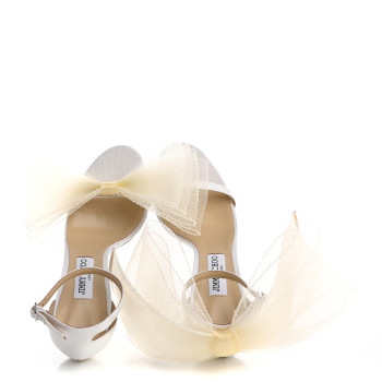 JIMMY CHOO Grosgrain Asymmetric Mesh Fascinator Aveline 100 Bow Sandals 41 Latte