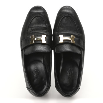 HERMES Goatskin Womens Paris Loafers 35 Black