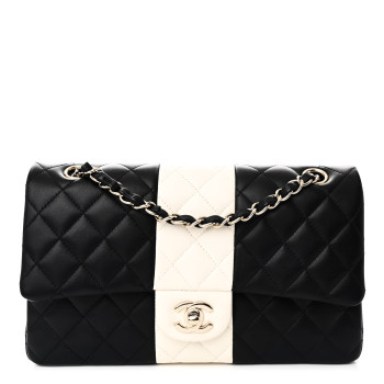 CHANEL Lambskin Quilted Medium Double Flap Black White
