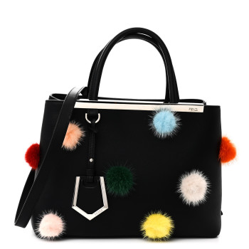 FENDI Vitello Dolce Mink Fur Pom Pom Petite 2Jours Tote Black Multicolor