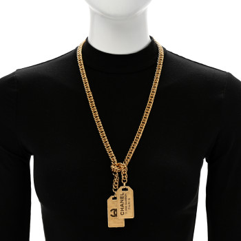 CHANEL Metal ID Dog Tag Charm Necklace Gold