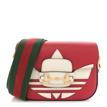 GUCCI X ADIDAS Textured Dollar Calfskin Web Trefoil Mini Horsebit 1955 Shoulder Bag Hibiscus Red Off White