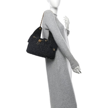 CHANEL Tweed Quilted Small Chanel 25 Handbag Black