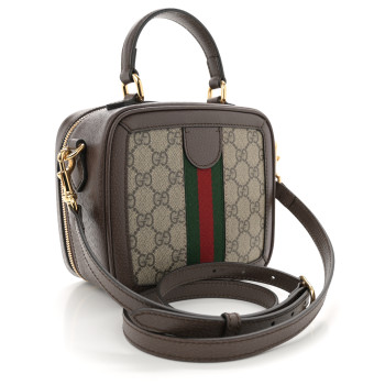 GUCCI GG Supreme Monogram Textured Dollar Calfskin Mini Ophidia Top Handle Square Shoulder Bag Beige Ebony New Acero