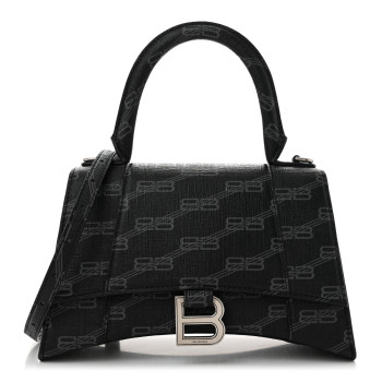 BALENCIAGA Coated Canvas BB Monogram Small Hourglass Top Handle Bag Black Grey