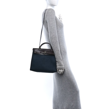 HERMES Military Toile Vache Hunter Herbag Zip 31 PM Bleu Marine Black Ebene