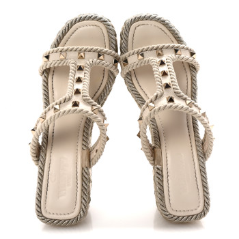 VALENTINO GARAVANI Calfskin Rockstud Ankle Strap Torchon Espadrille Caged 25/95mm Wedge Sandals 38 Light Ivory