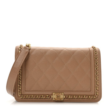 CHANEL Caviar Quilted Chain Around Boy Wallet On Chain WOC Beige