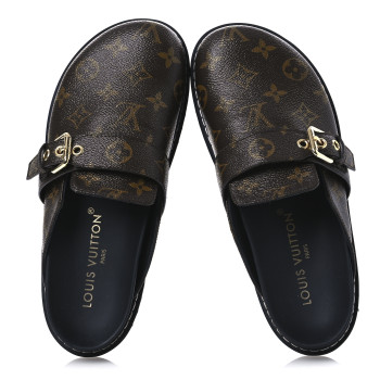 LOUIS VUITTON Patent Monogram Womens Cosy Flat Comfort Clog Mules 38.5 Brown