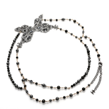 CHANEL Metal Glass Pearls Strass CC Multi Strand Butterfly Chain Belt Ruthenium Gold Multicolor