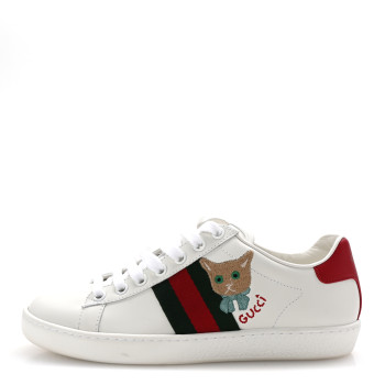 GUCCI Calfskin Cat Embroidered Womens Ace Sneakers 35 White Green