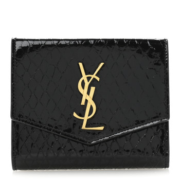 SAINT LAURENT Patent Calfskin Snakeskin Embossed Uptown Monogram Card Case Black