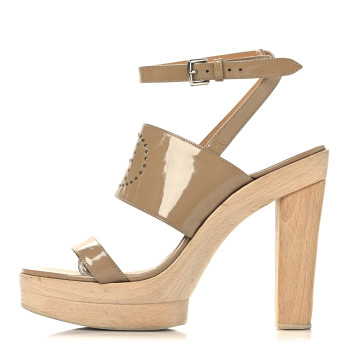 HERMES Patent Calfskin Perforated H Platform Sandals 37 Beige