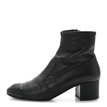 CHANEL Stretch Lambskin Cap Toe CC Short Boots 38.5 Black