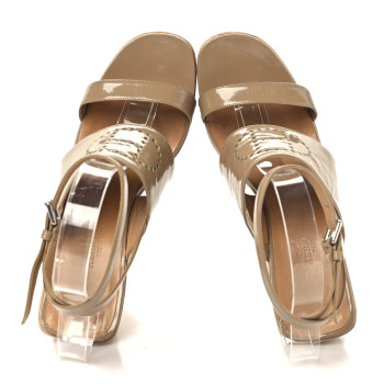 HERMES Patent Calfskin Perforated H Platform Sandals 37 Beige