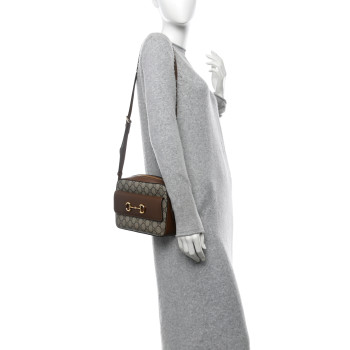 GUCCI GG Supreme Monogram Small Horsebit 1955 Shoulder Bag Beige Brown Sugar