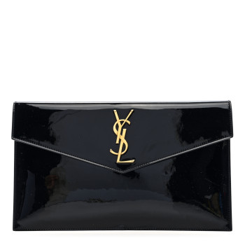 SAINT LAURENT Patent Calfskin Monogram Uptown Clutch Black