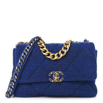 CHANEL Tweed Quilted Large Chanel 19 Flap Blue