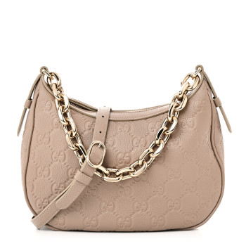 GUCCI Grainy Calfskin GG Embossed Emblem Medium Half Moon Shoulder Bag Taupe