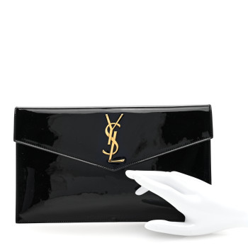 SAINT LAURENT Patent Calfskin Monogram Uptown Clutch Black