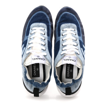 CHANEL Denim Suede Calfskin Mens CC Sneakers 43 Blue