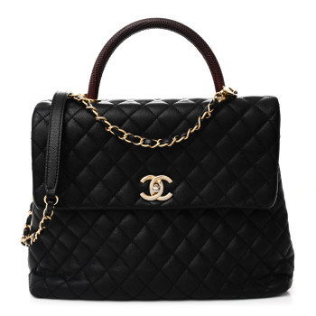 CHANEL Caviar Lizard Quilted Large Coco Handle Flap Black