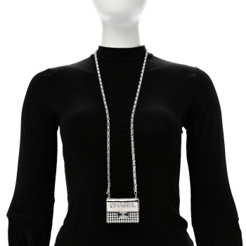 CHANEL Metal Lambskin Strass Crystal Purse CC Long Necklace Silver