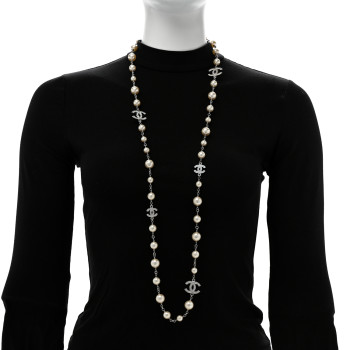 CHANEL Crystal Pearl CC Long Necklace Silver Pearly White