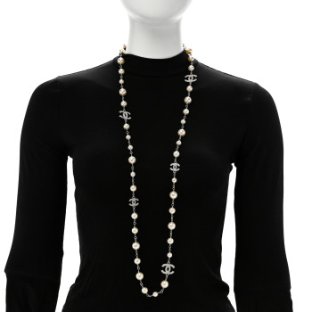 CHANEL Crystal Pearl CC Long Necklace Silver