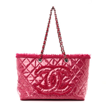 CHANEL Vinyl Quilted Funny Tweed Tote Fuchsia