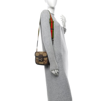 GUCCI Monogram Jumbo GG Textured Dollar Calfskin Web Mini Horsebit 1955 Shoulder Bag  Camel Ebony New Acero