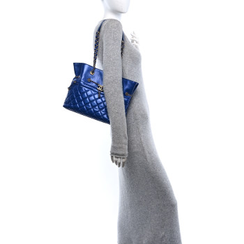 CHANEL Metallic Aged Calfskin Quilted Drawstring Shopping Tote Blue