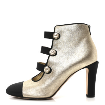 CHANEL Metallic Calfskin Grosgrain Cap Toe Pearl Ankle Boots 36.5 Gold