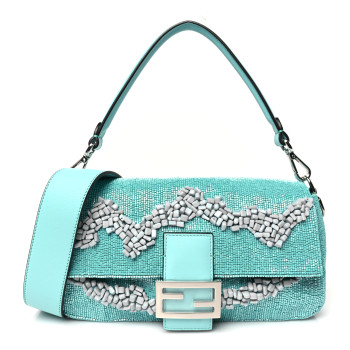 FENDI Rolling Stone Vitello Seta Bead Embroidered Re-Edition Baguette Spring Turquoise