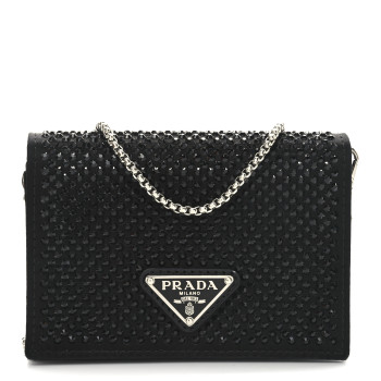 PRADA Satin Crystal Metal Triangle Logo Card Holder With Strap Black